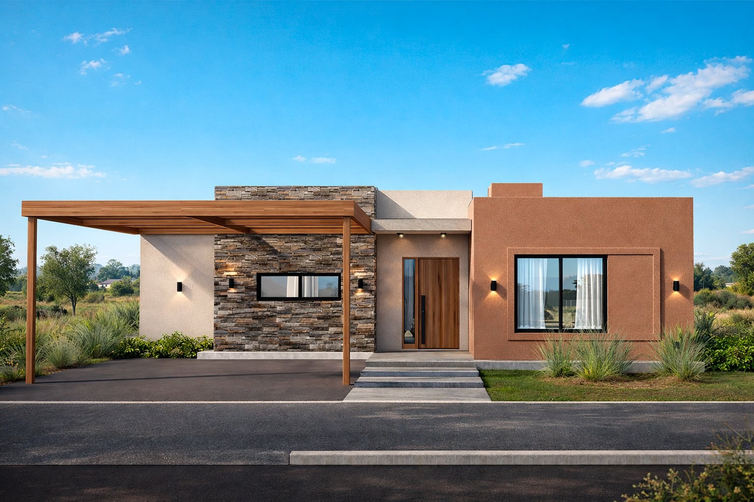 Render de vivienda Steel Frame con revestimiento texturado, piedra natural y galería con pérgola de madera